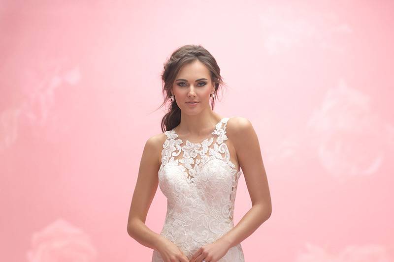 Allure Romance	3055	<br>	Bold lace appliques cover this gown, from illusion neckline to tapered skirt.