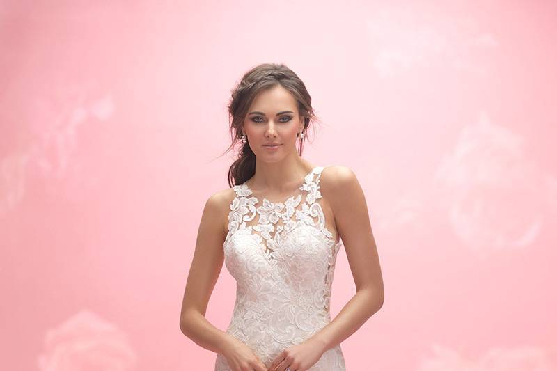 Allure Romance	3054	<br>	This feminine crepe gown features a lace illusion back and romantic lace across the train.