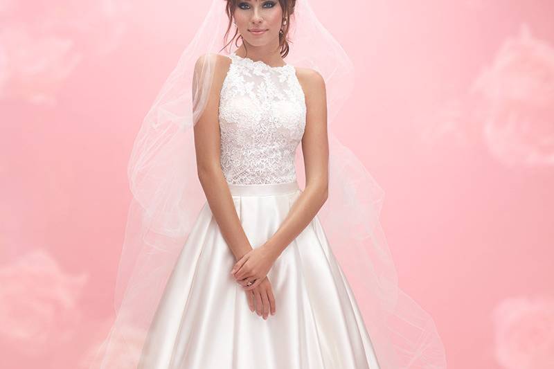 Allure Romance	3055	<br>	Bold lace appliques cover this gown, from illusion neckline to tapered skirt.