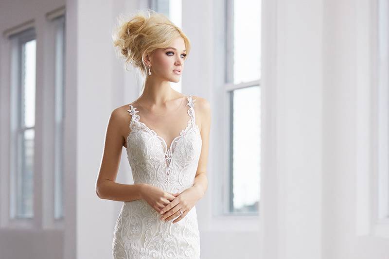 Madison James	MJ356	<br>	This lace sheath features a deep neckline and daring scooped back.