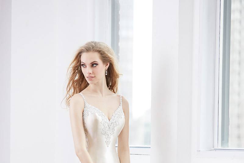 Madison James	MJ366	<br>	This pearlescent silk Mikado gown is topped with crystal beading along the neckline and paired with a detachable train.