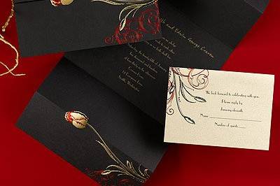Black invitation with gold and red ink