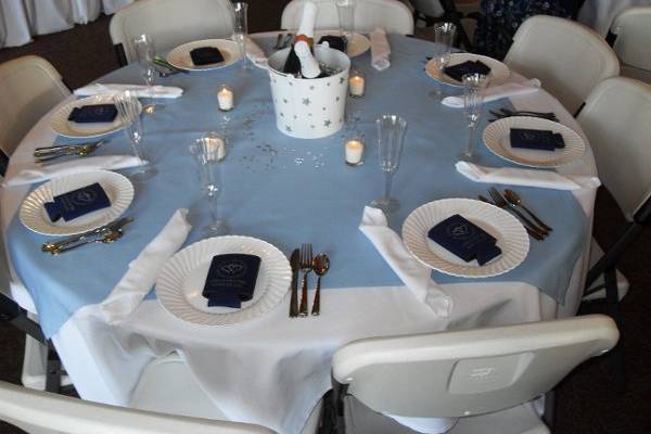 Let us help you take a drab table and create elegance with our made to order table linens and chair covers with sashes.  We also carry linen napkins and many other items to make your room beautiful.