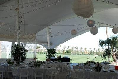 Black and White dance floor and special lighting inside a tent at the Empire Polo grounds