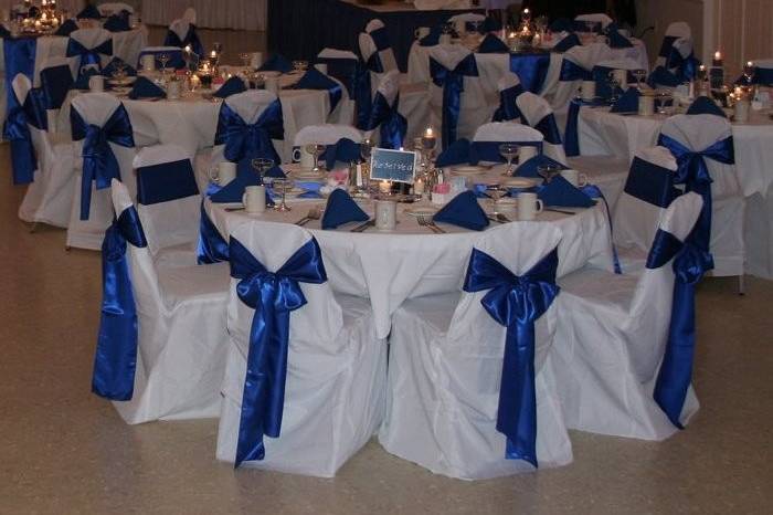 Reception area with blue ribbons