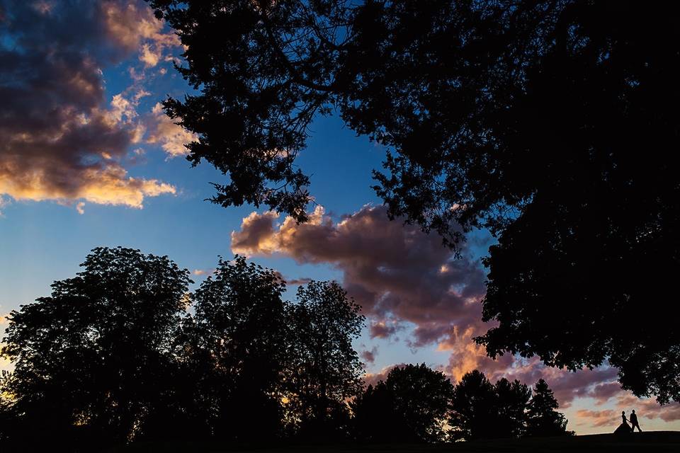 Sunset silhouette at wedding