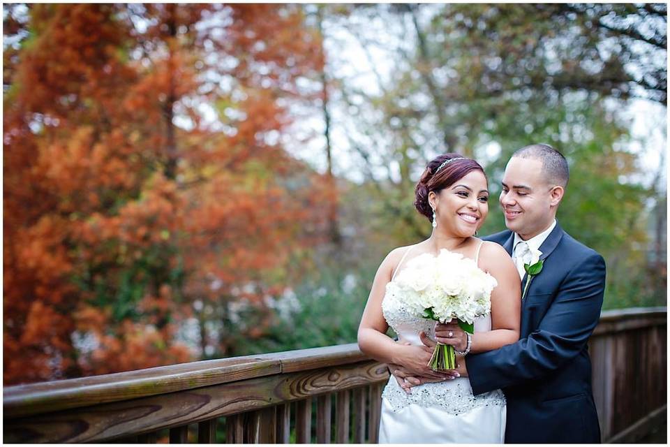 Bride and groom on the bridge