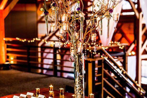 Escort table with Manzanita, jewels and hanging flowers