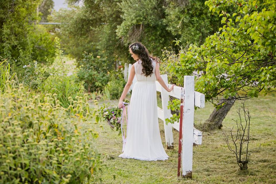 Cache Creek Lavender Farm ElopementMegan Wilkinson PhotographyFull Belly Farms FloralDress from Belissima Bridal, WoodlandVeronica Marshall Hair & MakeupTan Weddings & Events Coordination and Plant-Dyed Silk Ribbon