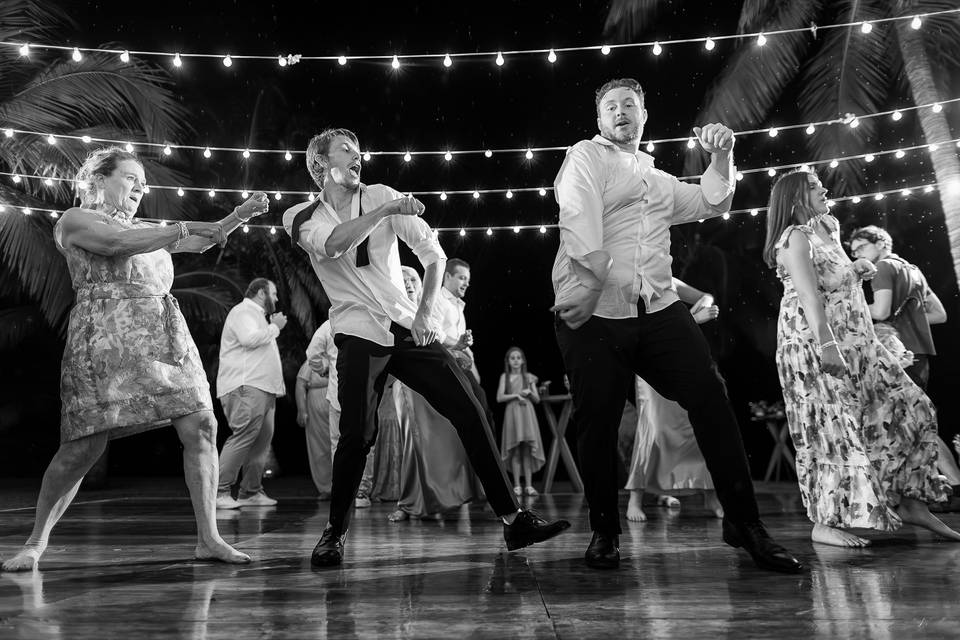 Dancing under string lights