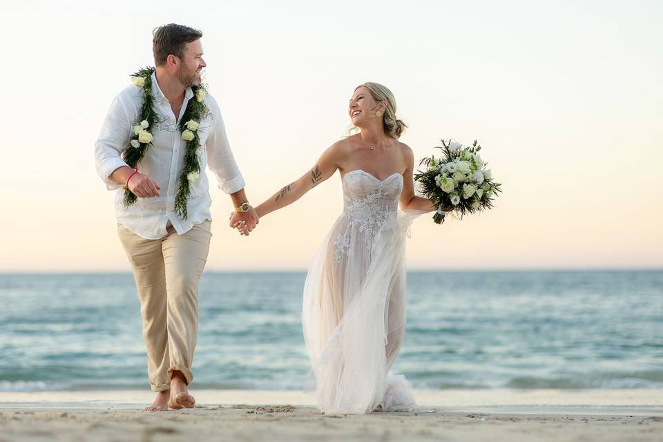 Beach walk with floral lei