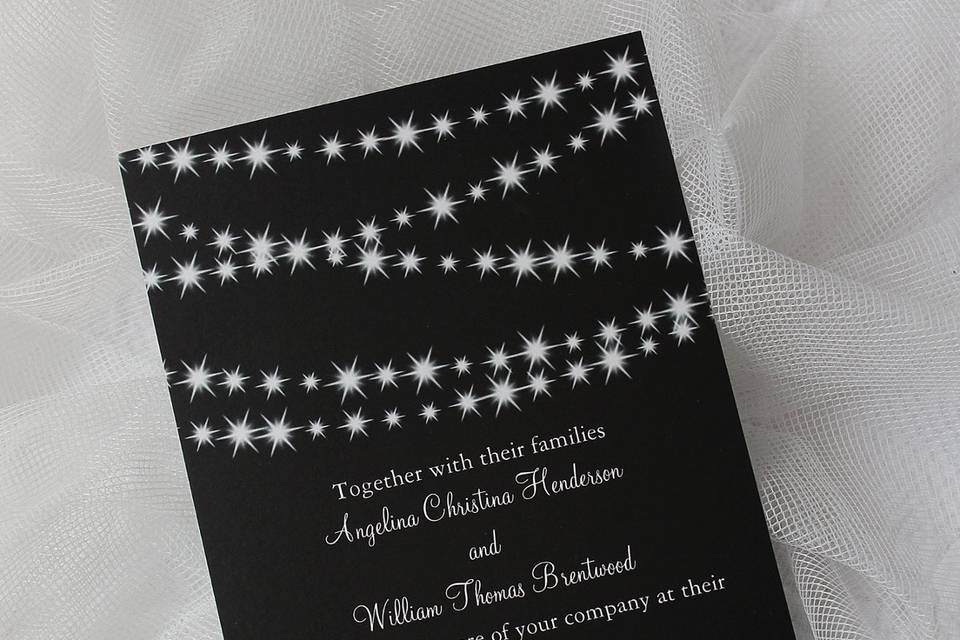 Twinkle lights make everything look so magical, including this invitation. This is a great accompaniment for the wedding using twinkle lights in its decor. This invitation comes in several different colors to coordinate with any event. It is part of a full wedding collection.