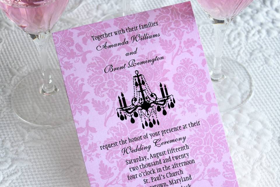 A beautiful chandelier is a wonderful accompaniment for this tone on tone damask pattern. It will coordinate well with any formal event, or any indoor or outdoor event using chandeliers. This invitation is part of a full wedding collection.