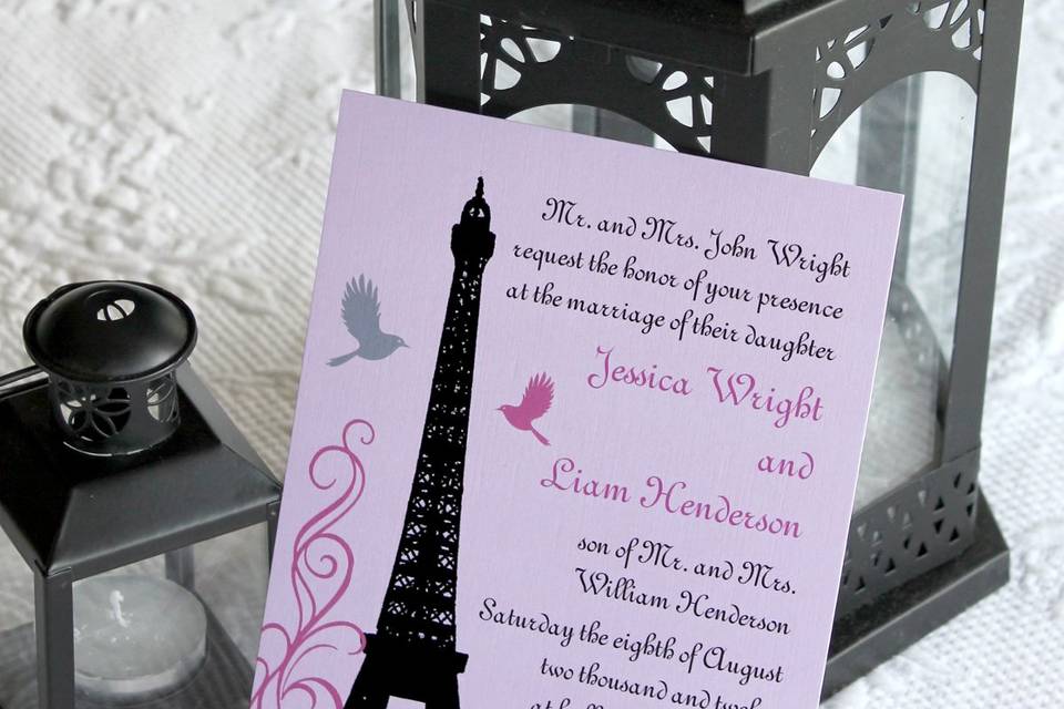 A tall stately Eiffel Tower decorates this invitation for the Parisian styled event. It is available in several different colors and is part of a full wedding collection.