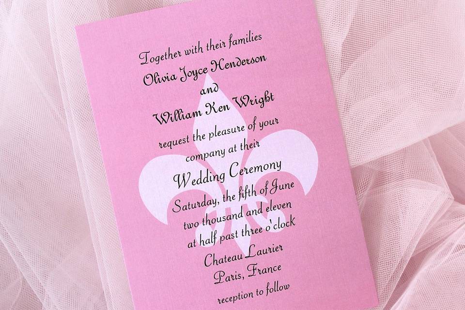 This delicate pink invitation is accented with a tone on tone fleur de lise that is a perfect touch of parisian romance. It is available in several different colors, and is part of a full wedding collection.