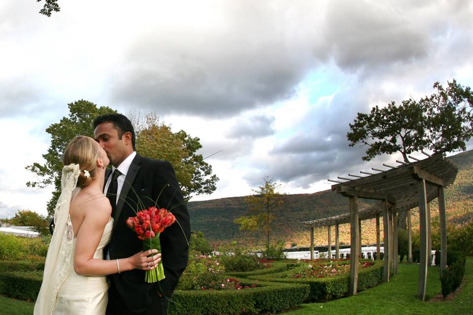 Bride and groom kissing