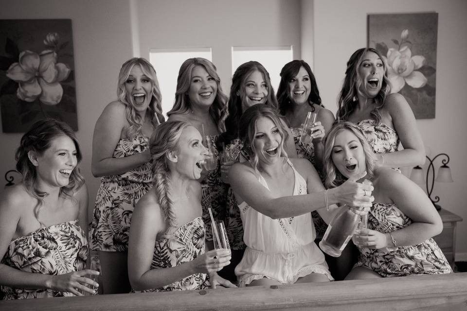 Bridal party in black and white