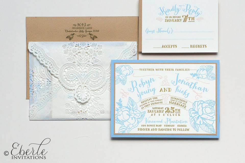 With soft blue borders and gold ink