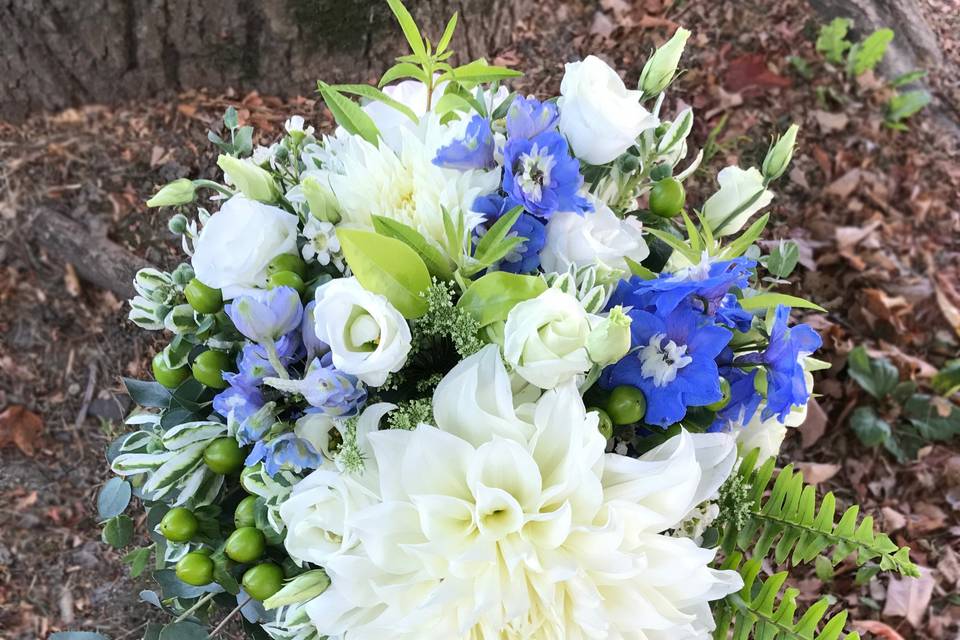 White with blue bouquet