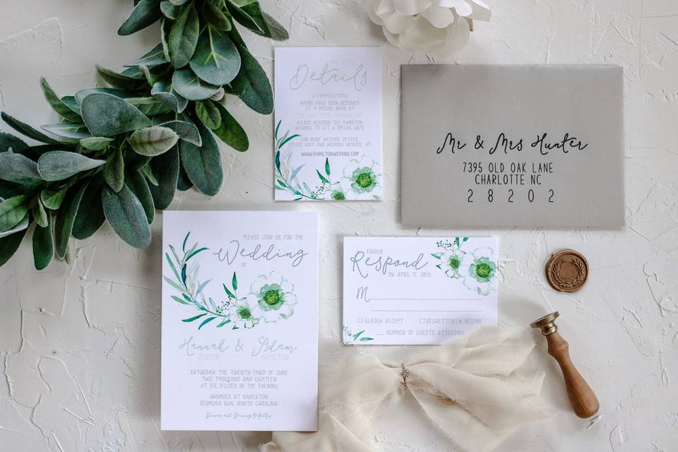 Simple greenery wedding invite