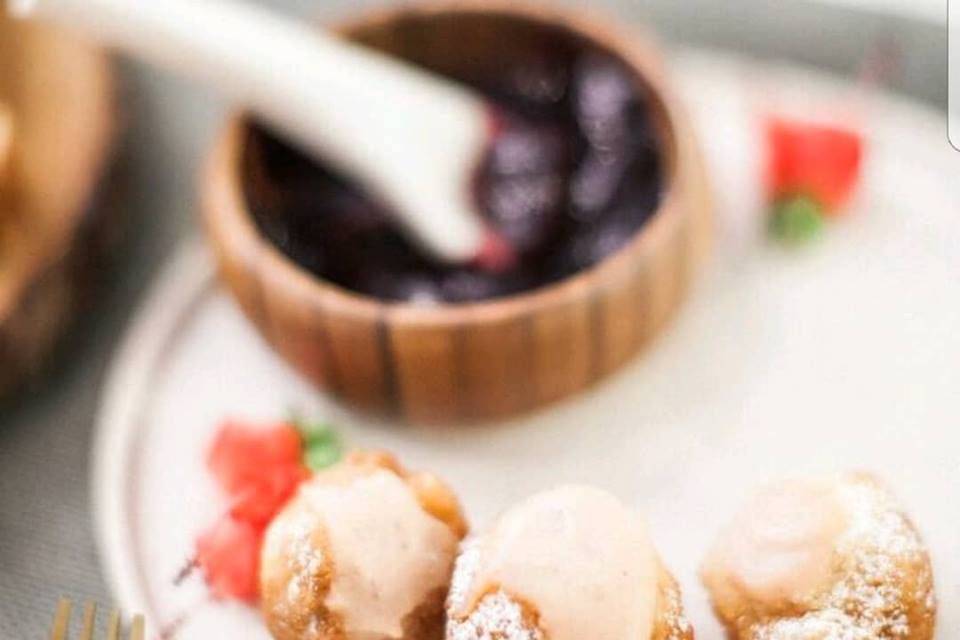 Strawberry limonada doughnut holes with fresh fig jam