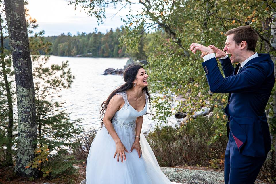 Bride and groom having fun