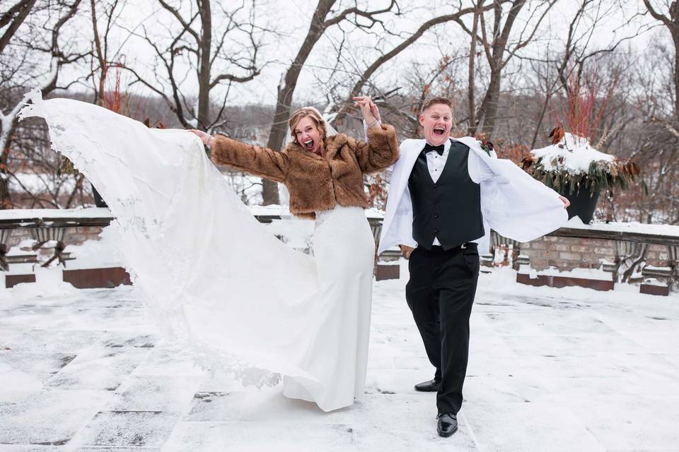 Winter bride and groom