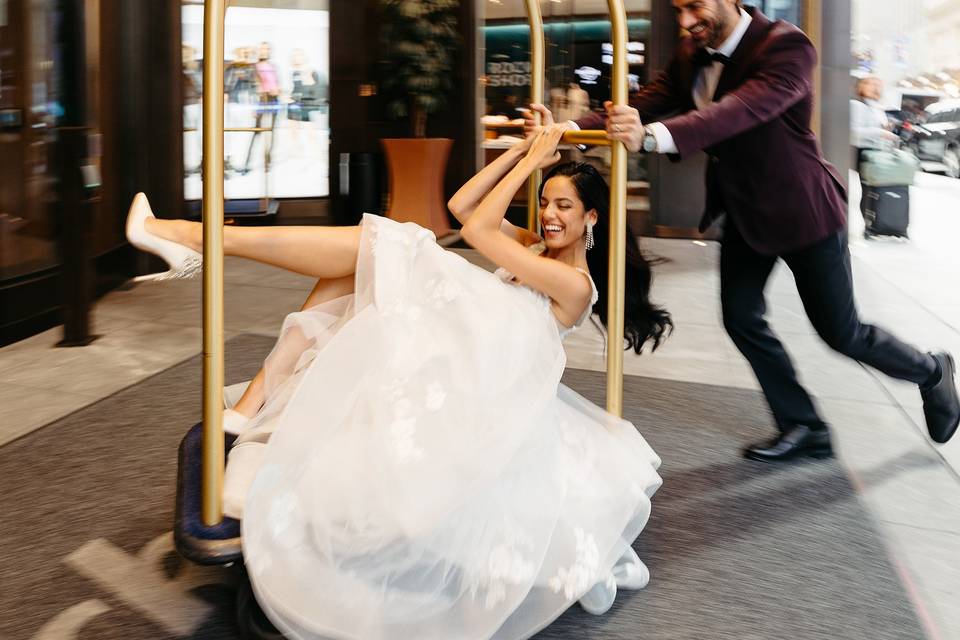 Bride and groom having fun