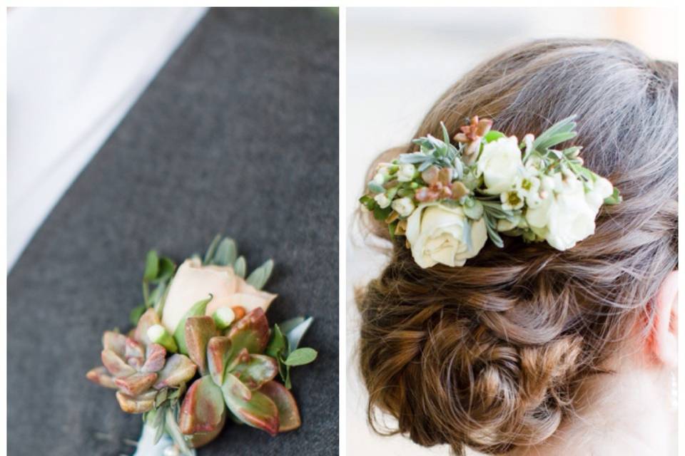 The brides hair flowers coordinate with her grooms boutonniere.