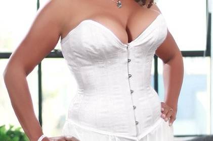 Meagan, a new bride, wearing her custom corset foundation garment to go under her wedding dress.  She lost 2 to 3 inches at her waist and needed support for her bust size.