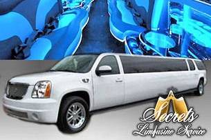 20 Passenger Yukon Denali stretch limo with with 2- LCD TVs, Premium DVD / AM / FM / CD with surround sound, Fiber Optic Mirrored Ceiling and Bar, Dimmer Controlled Lights and Hands Free Intercom.