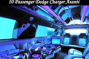 Black 10 passenger Stretch Charger Asanti limo with 2- LCD TVs, Premium DVD / AM / FM / CD / IPod hookup with surround souned, fiber optic mirrored ceiling and bar, dimmer controlled light and hands free intercom.