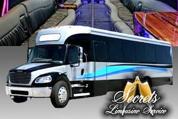 34 Passenger Limo party Bus with One (1) 52” LCD TV, Five (5) 19” LCD TV’s, In motion satellite tv system. AM-FM-CD-DVD Player w/5.1 Dolby Surround Sound and IPOD Hook up and Game port. (8) Eight Lighted 5.5” Speakers, (2) Two 10” Sub Woofers LED Ceiling Lights Hi Gloss Wood Mini Side Bar.
LED Rope Lighting at floor and ceiling with cooler Strobe Lights Hi Gloss Entertainment Center . RGB Lighted Accent front and rear walls Curved Seating w/lighted kick panels. 7 zone infinity mood lighting.
Plasma Lights panels with Hi Gloss Wood Wall accents w/plasma Fold down armrests w/cup Lights and speakers holders.  Hi Gloss Full Service Bar w/Ice (2) Two Large Pull Out  Lighted Glass Holders, pull out trash bin Storage Drawers. privacy sliding door w/ith window shades and valances.