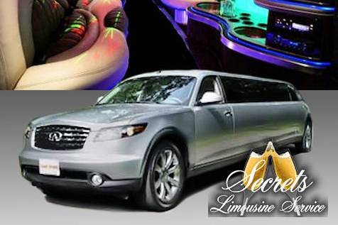 20 PASSENGER INFINITI QX56 STRETCH LIMO WITH 5-LCD TVs, PREMIUM DVD/AM/FM/CD/I-POD WITH SURROUND SOUND, FIBER OPTIC MIRRORED CEILING AND BAR, DIMMER CONTROLLED LIGHTS AND HANDS FREE INTERCOM.