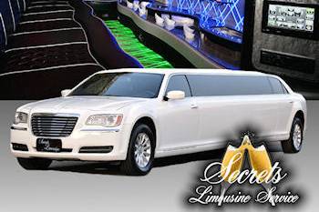 WHITE 10 PASSENGER CHRYSLER 300 STRETCH WITH 2-LCD TVs, PREMIUM DVD/AM/FM/CD WITH SURROUND SOUND FIBER OPTIC,
iPOD CONNECTION AVAILABILITY, MIRRORED CEILING AND BAR, DIMMER CONTROLLED LIGHTS AND HANDS FREE INTERCOM.