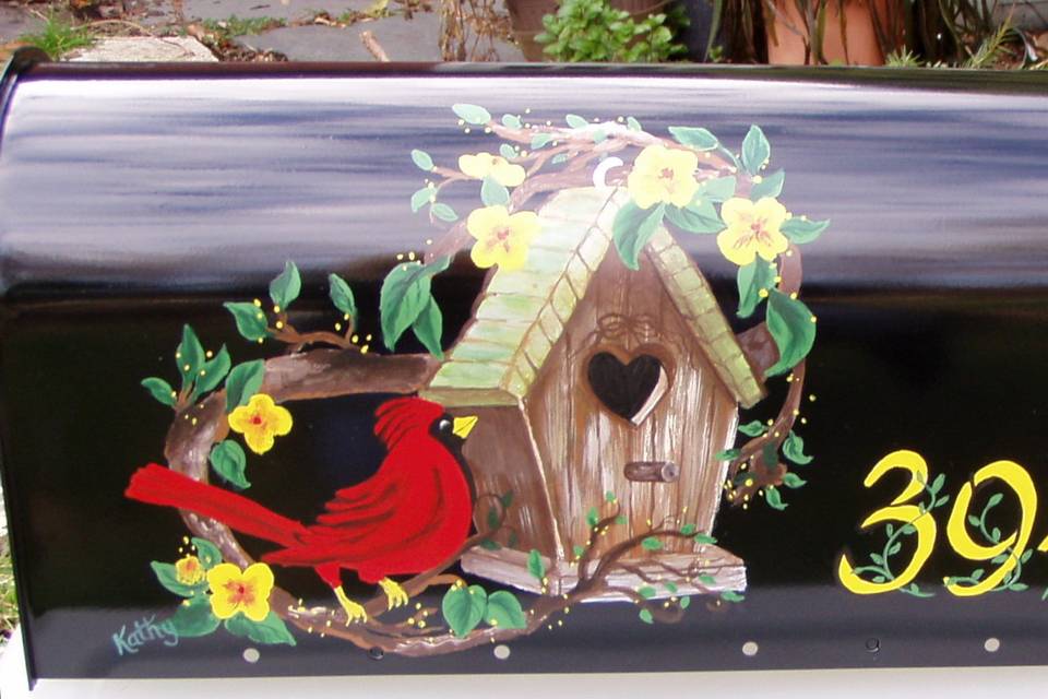 Reception Card Holder- Address of the Bride and Groom on a personalized mailbox with choice of design, style (rural or wall-mounted), and color of mailbox.(Shown here: Country Birdhouse with cardinal)