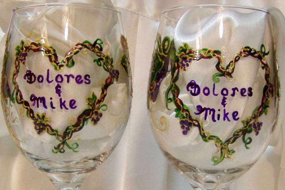 Rustic, vineyard design of Bride and Groom wine glasses.