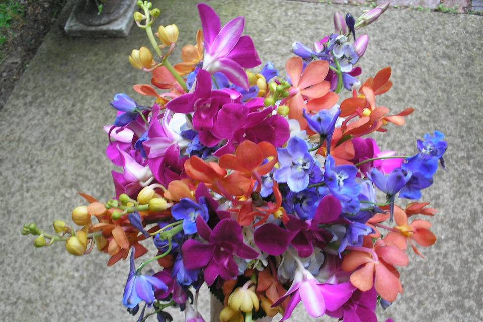Brides bouquet of orchids and delphinium