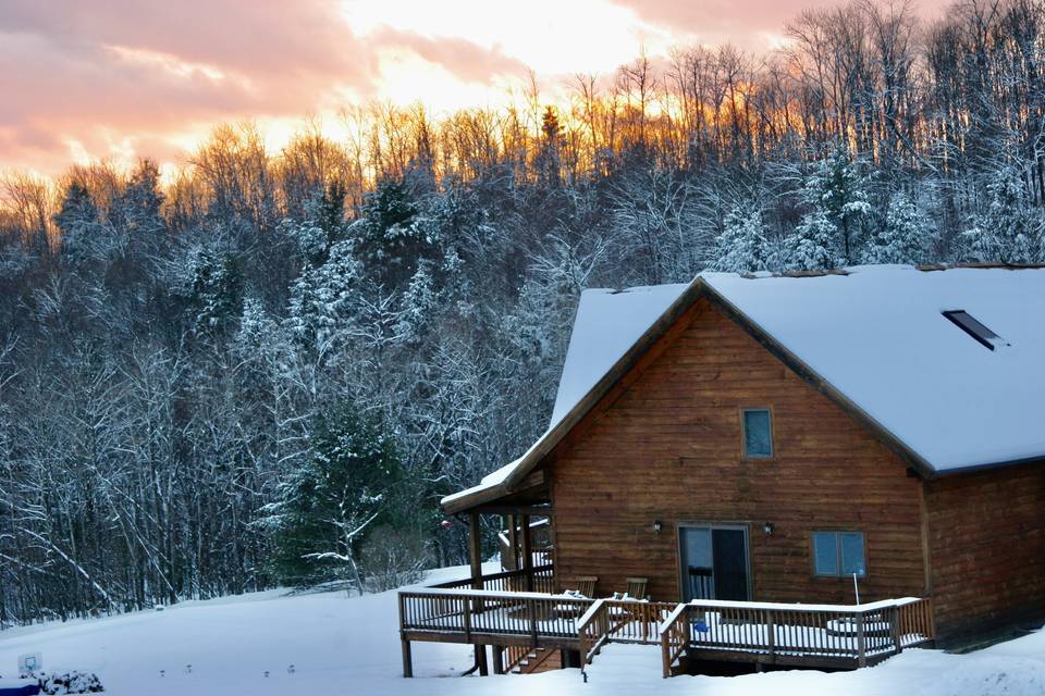 Winter view chalet log home