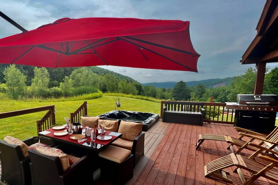 Deck dining table and hot tub