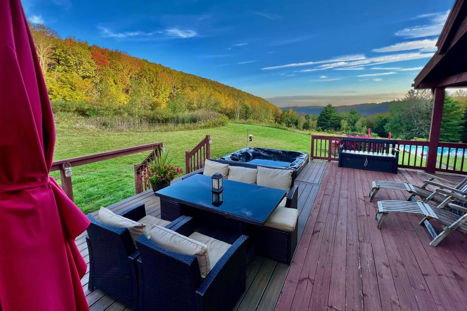 Deck dining table and hot tub
