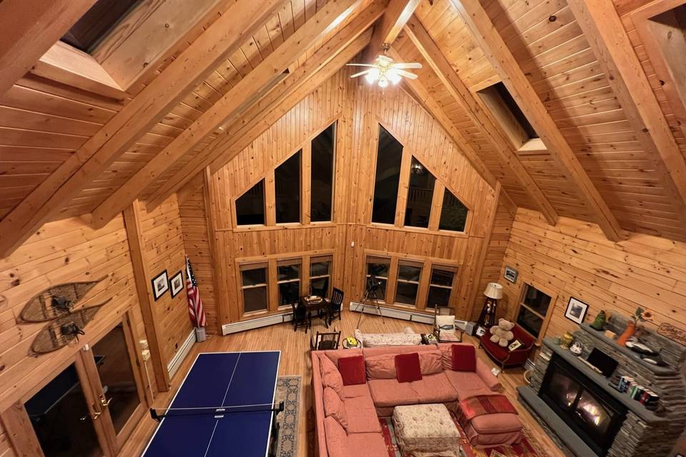Log home living room fireplace