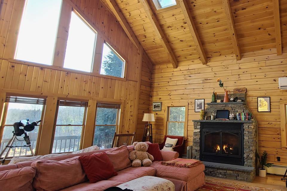 Log home living room fireplace