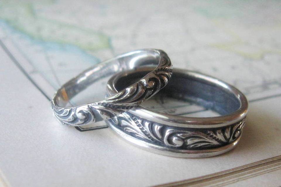 Handmade Swirl Pattern Wedding Ring Set in Sterling silver available in bright finish or oxidized. Also available in white and yellow gold.