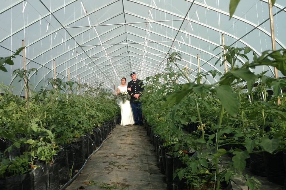 Newlyweds walking through the greenhouse