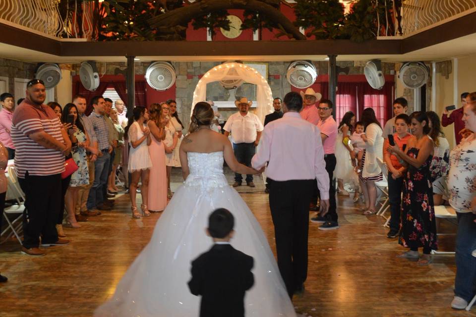 Ring bearer walking behind the newly weds