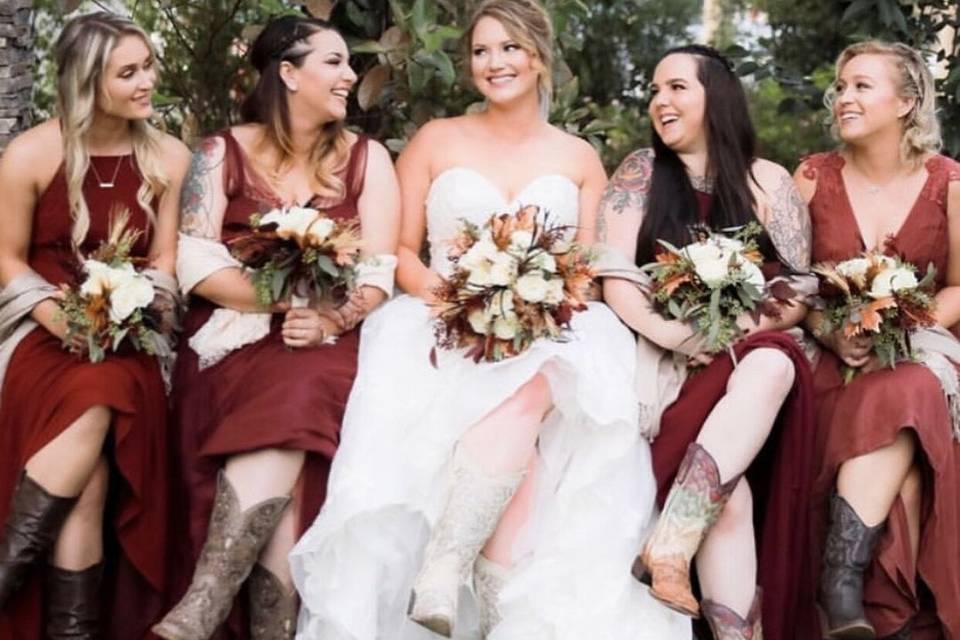 Beautiful bride with bridesmaids