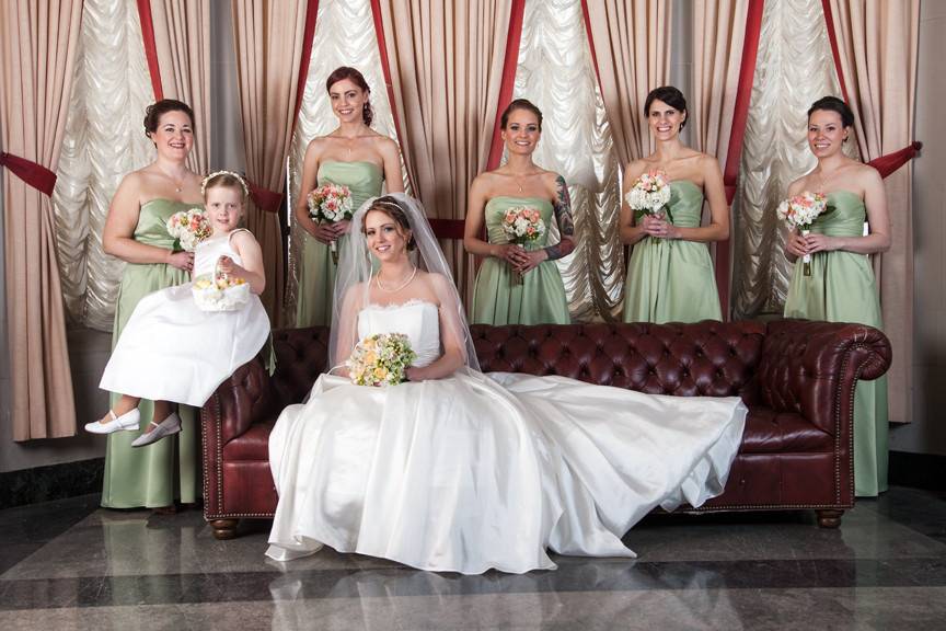Bride, bridesmaids and flower girl.