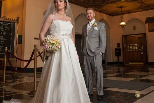 Bride and Groom in lobby of Masonic Temple in Detroit