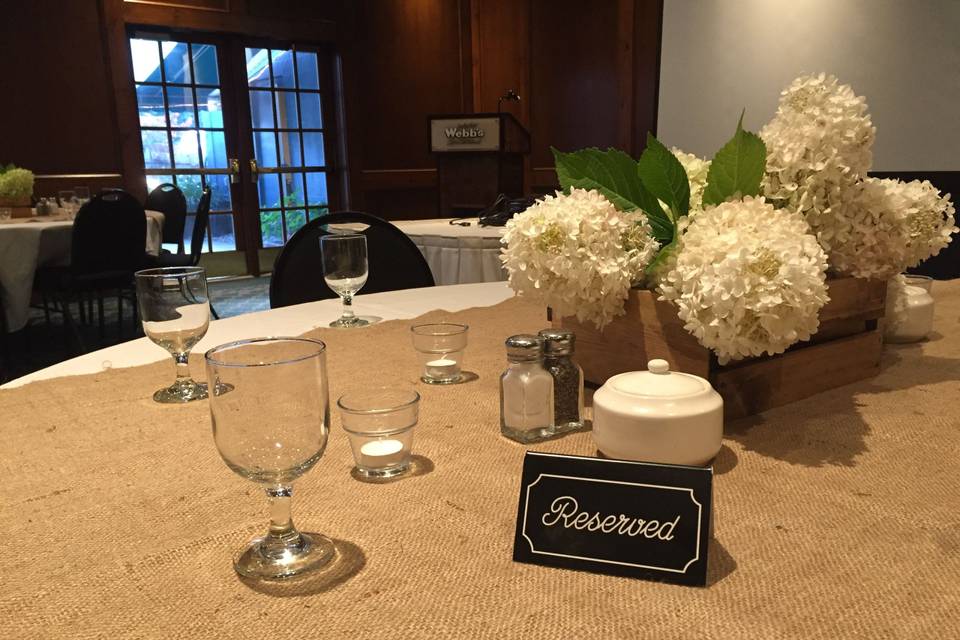 Table reservation card and centerpieces